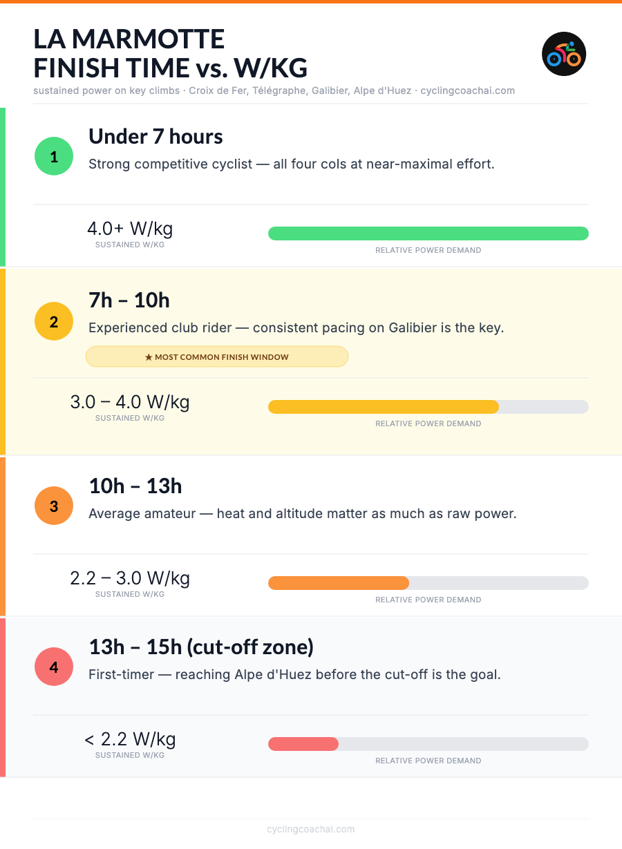 La Marmotte finish time vs W/kg chart showing four finish bands from under 7 hours to 15 hours