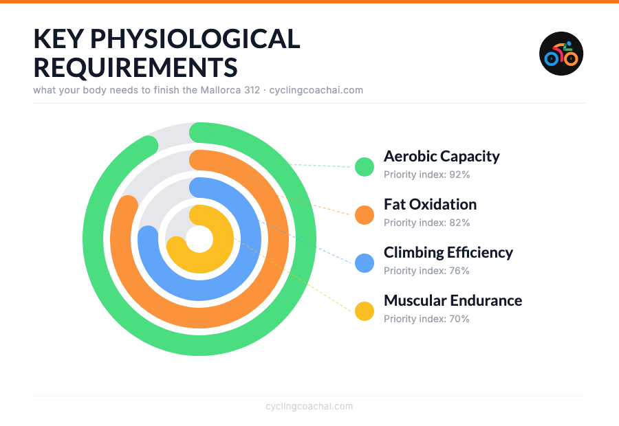 Mallorca 312 key physiological requirements: Aerobic Capacity, Fat Oxidation, Climbing Efficiency, and Muscular Endurance shown as concentric activity rings