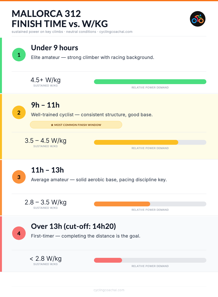Mallorca 312 finish time vs W/kg chart: Under 9h requires 4.5+ W/kg, 9-11h needs 3.5-4.5 W/kg, 11-13h needs 2.8-3.5 W/kg, over 13h needs less than 2.8 W/kg