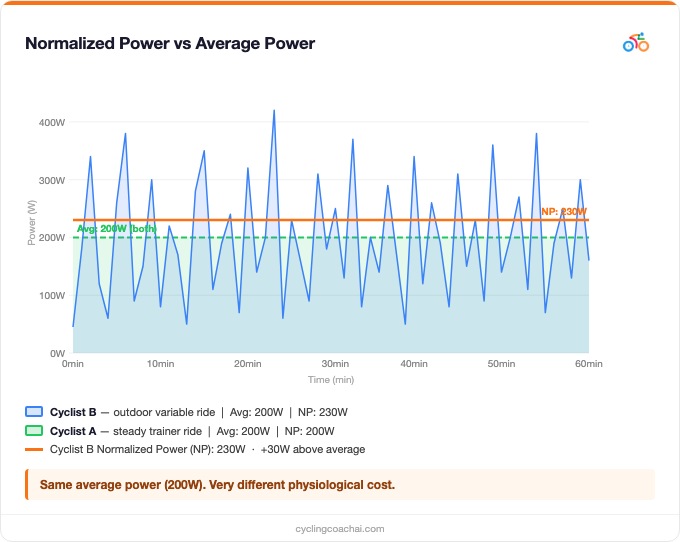 Chart comparing normalized power vs average power over a 60-minute variable ride