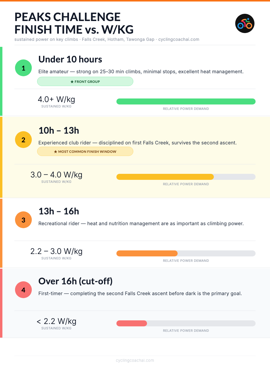 Peaks Challenge Falls Creek finish time vs W/kg chart showing four finish bands from under 10 hours to over 16 hours