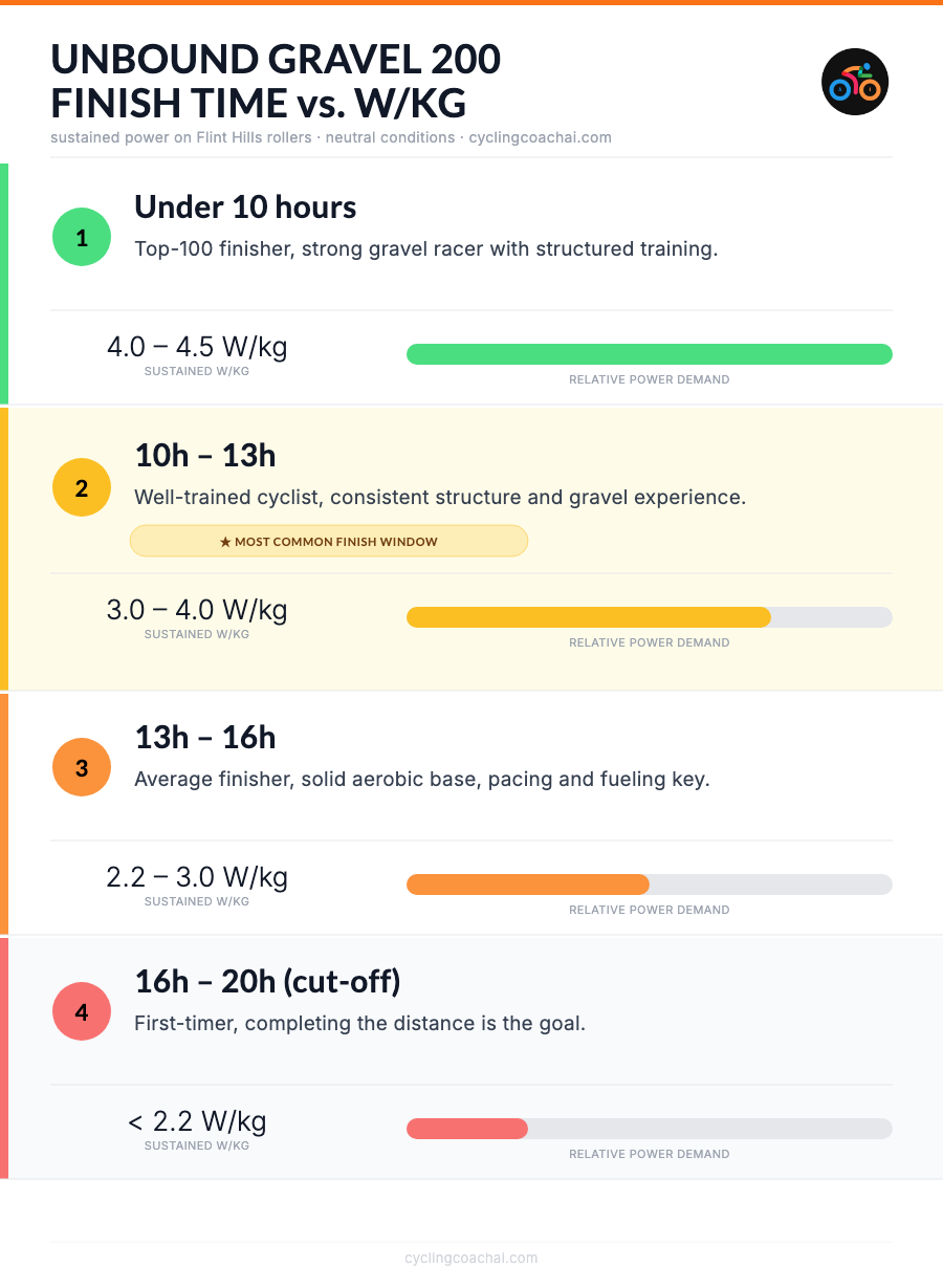 Unbound Gravel finish time vs W/kg chart: Sub 10h requires 4.0-4.5 W/kg, 10-13h needs 3.0-4.0 W/kg, 13-16h needs 2.2-3.0 W/kg, Finisher needs less than 2.2 W/kg