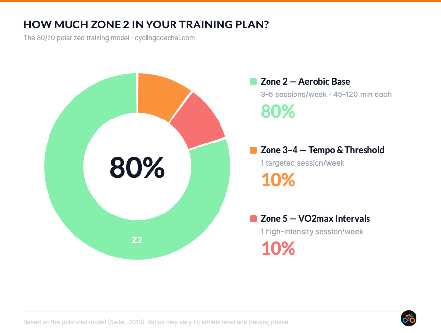Donut chart showing the 80/20 polarized training model — 80% Zone 2 aerobic base, 10% tempo and threshold, 10% VO2max intervals
